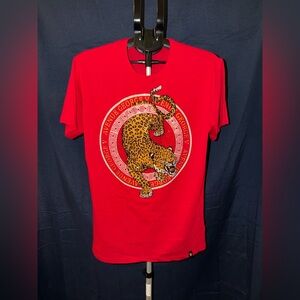 Avenue George V Paris Rhinestone Leopard Tee – Red Luxury Designer Shirt (XL)